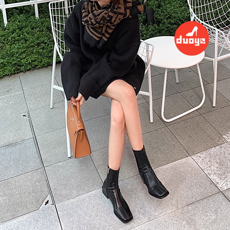 Duoya Hair Thẳng ~  Giày Bốt Cao Gót Mũi Vuông Màu Nâu Mỏng Co Giãn Phong Cách Anh Quốc Cho Nữ