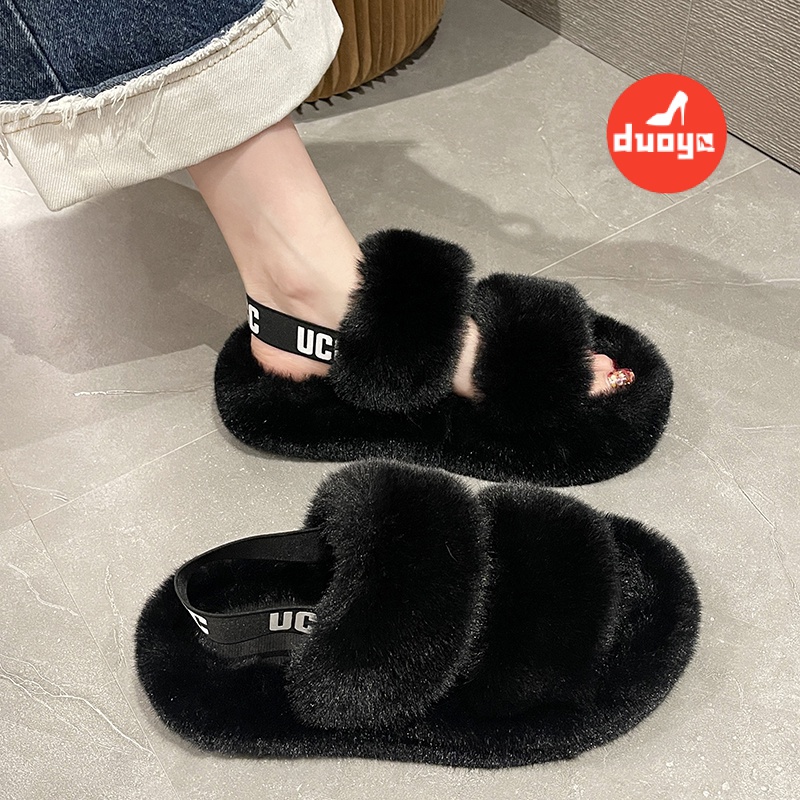 Dép Bông Đi Trong Nhà Hàng Duoya Đế Dày Phẳng Dày Dặn Phối Lông Thỏ Màu Đen Thời Trang Thu Đông Hàn Quốc 2022 Dành Cho Bạn Nữ