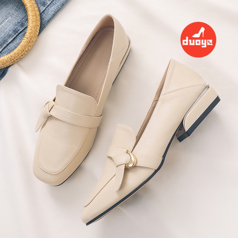 Duoya Giày Lười Da Mềm Gót Thấp Mũi Vuông Phong Cách Anh Quốc 2022 Cho Nữ
