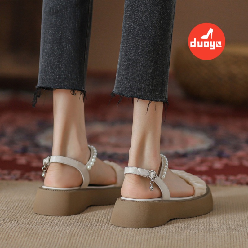 Duoya Tóc Thẳng ~ [Hàng Có Sẵn] Giày Sandal Đế Xuồng Dày Quai Đính Ngọc Trai Phiên Bản Hàn Quốc Dễ Phối Đồ Miễn Phí Vận Chuyển
