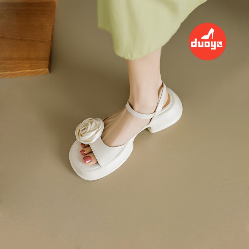 Duoya Tóc Thẳng ~ [Hàng Có Sẵn] Giày Sandal Đế Dày Bằng Da Thật Đế Dày Quai Đính Hoa Thời Trang Xuân Hè Cho Nữ Miễn Phí Vận Chuyển