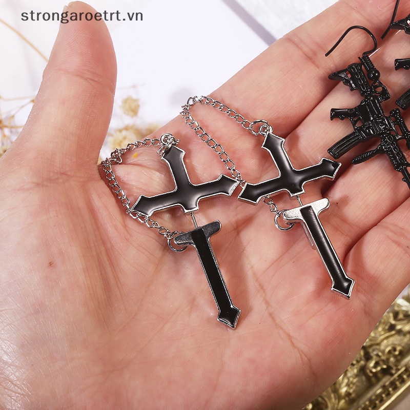 Khuyên Tai Chuỗi Dài Mặt Thánh Giá Màu Đen Phong Cách Punk Cổ Điển Cho Thanh Thiếu Niên