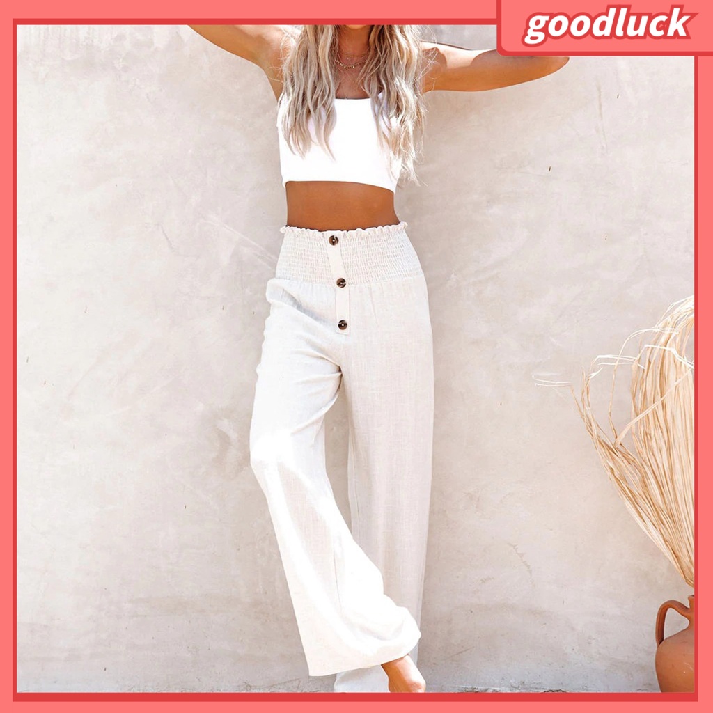 Quần Dài Ống Rộng Lưng Cao Màu Trơn Cài Nút Thoải Mái Thời Trang Cho Nữ