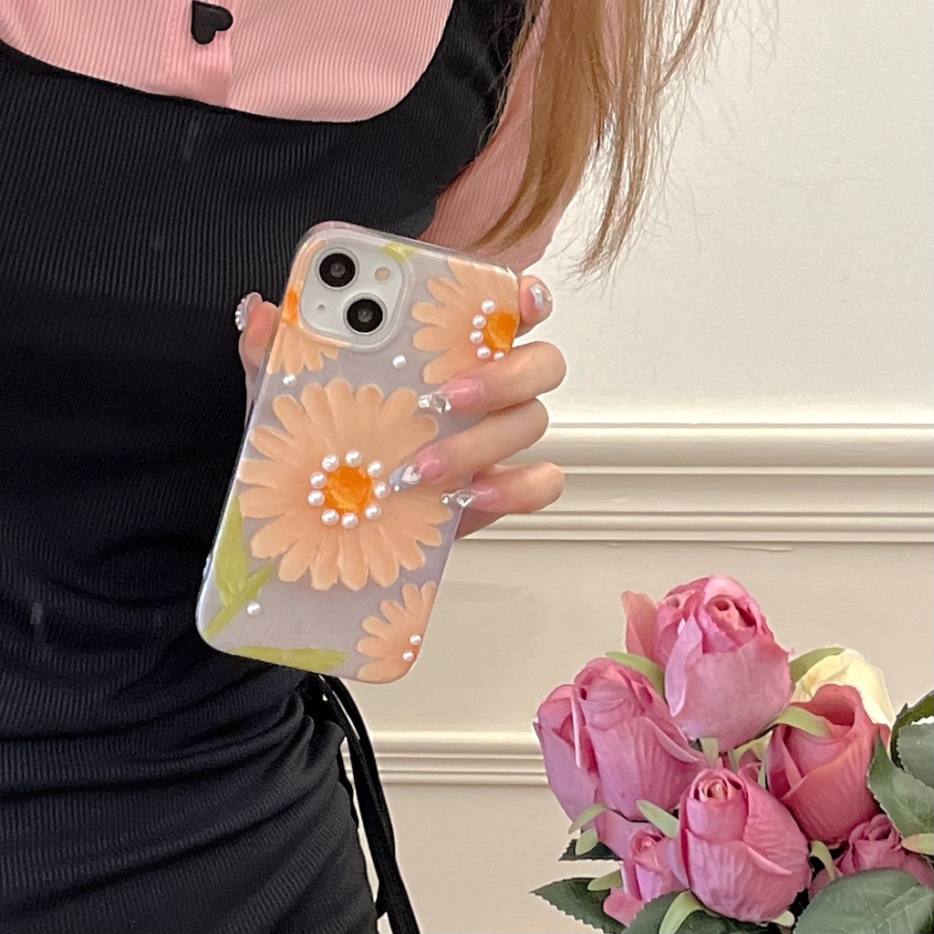 Ốp Điện Thoại IMD Hai Mặt Chống Sốc Họa Tiết Hoa Đính Ngọc Trai Cho Apple IPhone 14 13 12 11 Pro Max