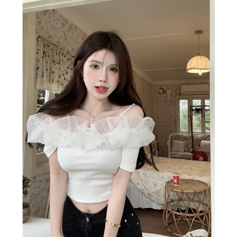 Áo Nữ Tay Ngắn Phối Ren Thời Trang Quyến Rũ