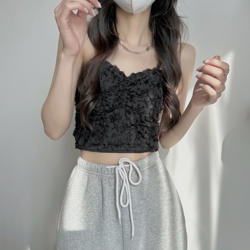 Suxi Áo Tank Top Hai Dây Màu Trơn Họa Tiết Hoa Có Đệm Ngực Cho Nữ