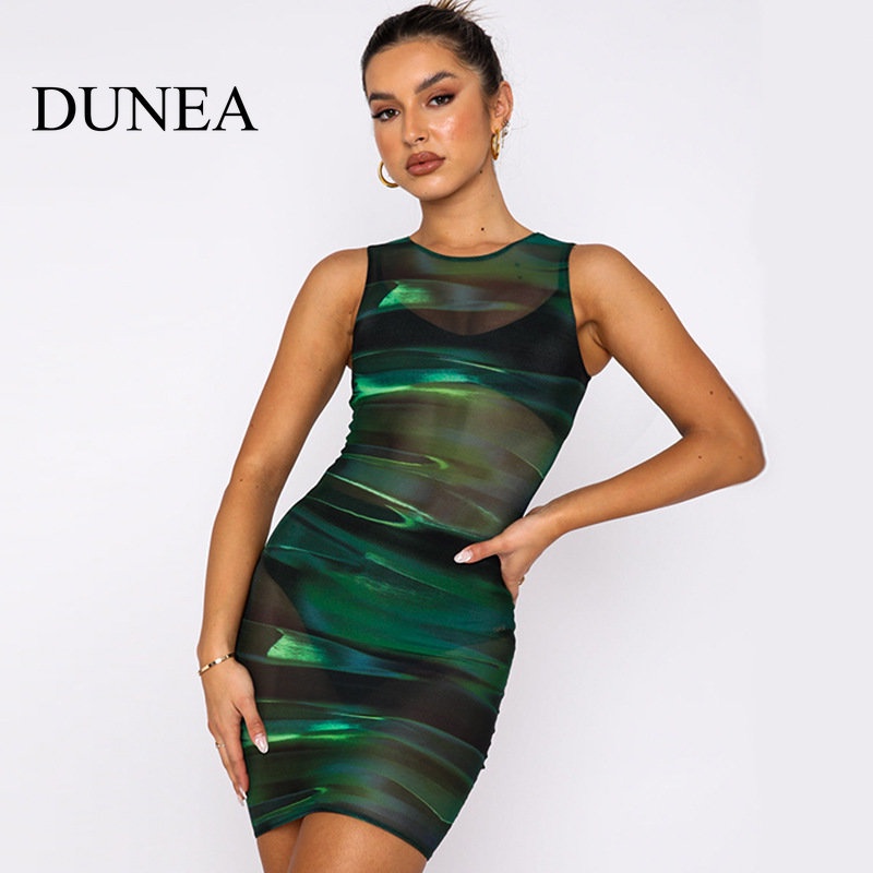 DUNEA Đầm Sát Nách Cổ Tròn Hoạ Tiết In Thiết Kế Quyến Rũ Cho Phái Nữ