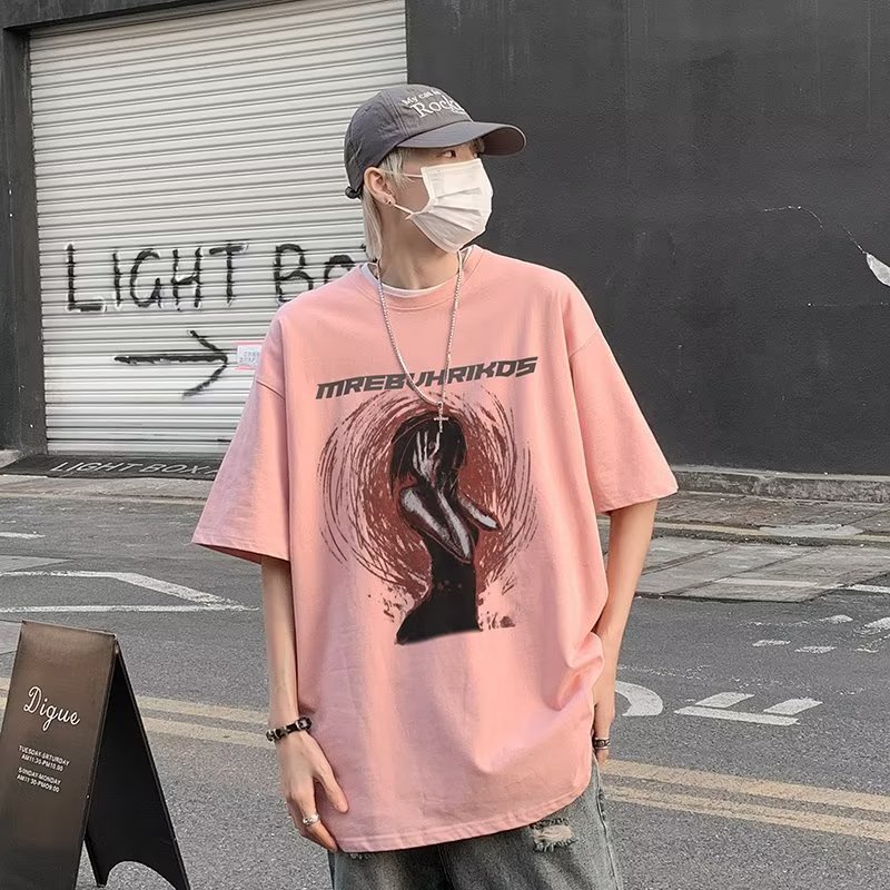 Áo thun cotton dáng rộng tay ngắn họa tiết chữ phong cách hiphop Mỹ thời trang dành cho nam V5ns