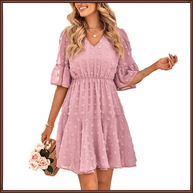 Đầm Tay Ngắn Cổ Chữ V Màu Trơn Thời Trang Mùa Hè Dễ Thương Cho Nữ