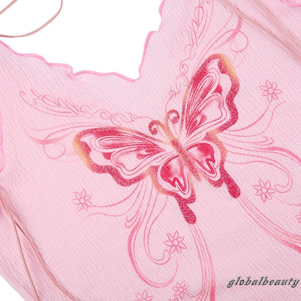 Áo Hai Dây Cổ Chữ V Buộc Dây Hở Lưng In Họa Tiết Bướm Thời Trang Mùa Hè Cho Nữ