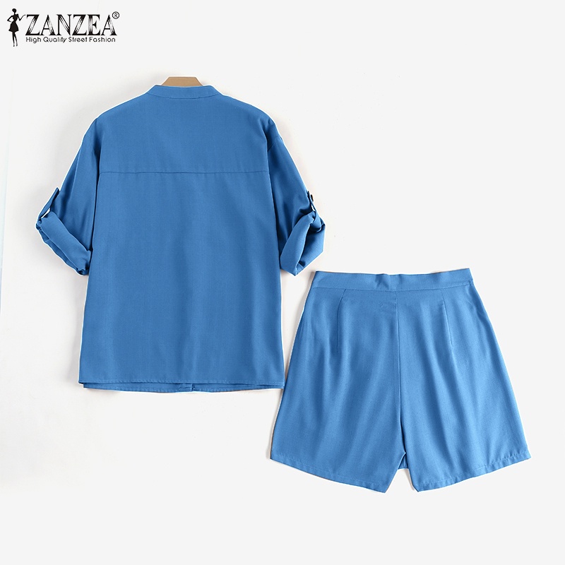 Zanzea Set Quần Short Lưng Cao Và Áo Tay Dài Cổ Chữ V Phong Cách Hàn Quốc Cho Nữ