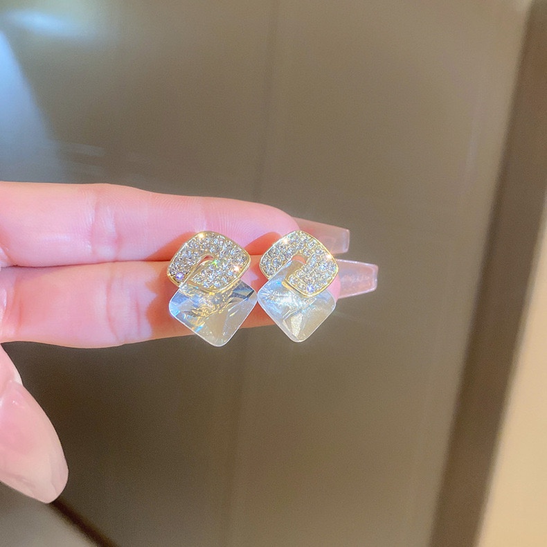 Bông Tai Mạ Bạc 925 Hình Học Đính Kim Sa Lấp Lánh Phong Cách Hàn Quốc Dễ Phối Đồ