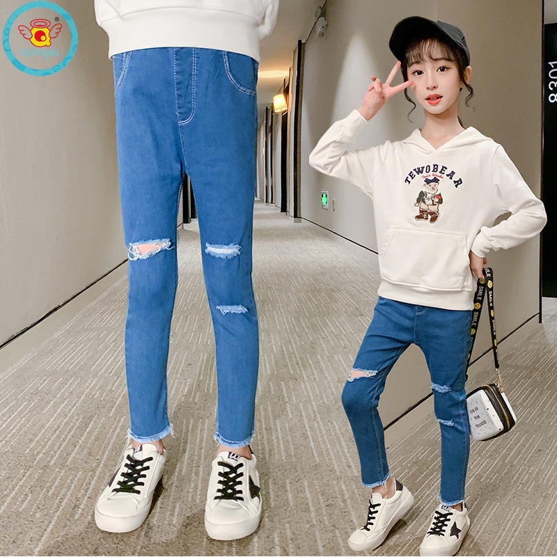 Quần jean dài IQ ANGEL dáng bút chì thiết kế rách co giãn tốt thời trang cho bé gái