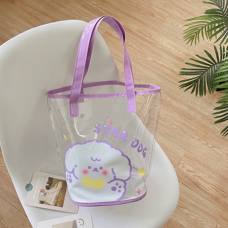 Túi Xách Nhựa PVC Trong Suốt Chống Nước Sức Chứa Lớn Họa Tiết Trái Tim Dễ Thương Cho Nữ