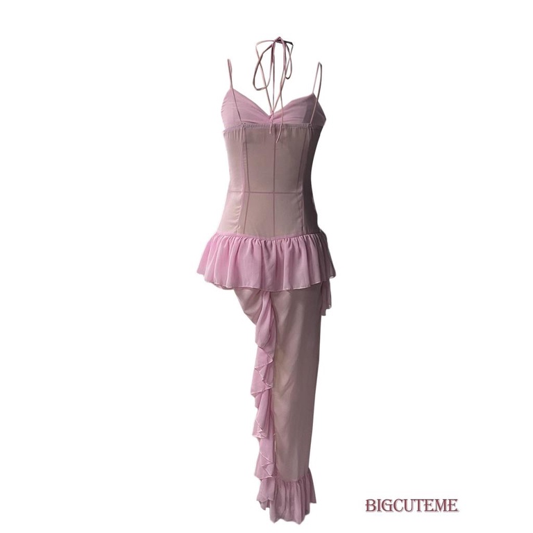 [] - Đầm Hai Dây Không Tay Hở Lưng Nhún Bèo Màu Hồng Mùa Hè Cho Nữ