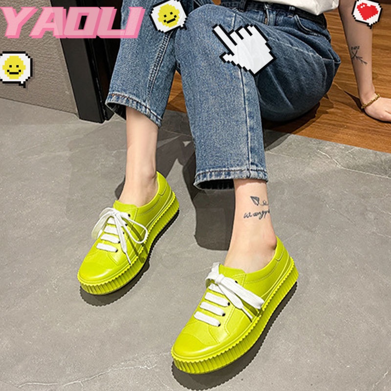 YAOLI Giày Bốt Đi Mưa Bốn Mùa Đế Phẳng Buộc Dây Màu Trơn Phong Cách Mới Cho Nữ