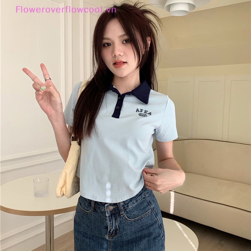 Áo Thun Crop Top Tay Ngắn Màu Sắc Tương Phản In Chữ Phong Cách Retro Mỹ Thời Trang Cho Nữ