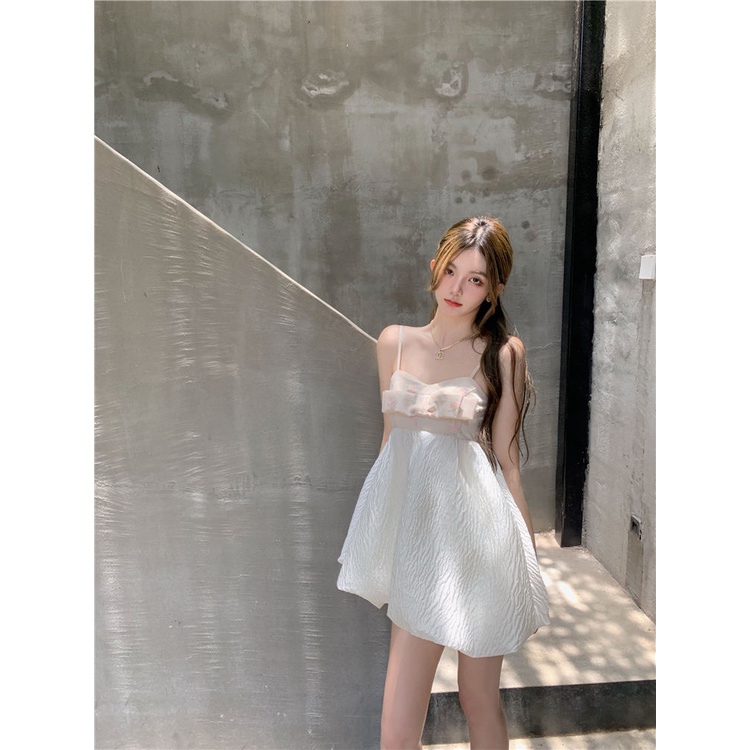 Đầm Ngắn Hai Dây Ôm Eo Đính Nơ Thời Trang Mùa Hè Cho Nữ