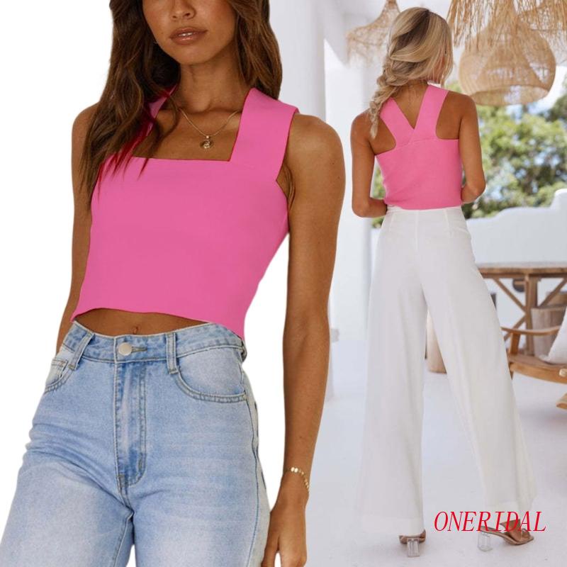 Áo Croptop Dệt Kim Không Tay Cổ Vuông Lưng Trần Gợi Cảm Cho Nữ