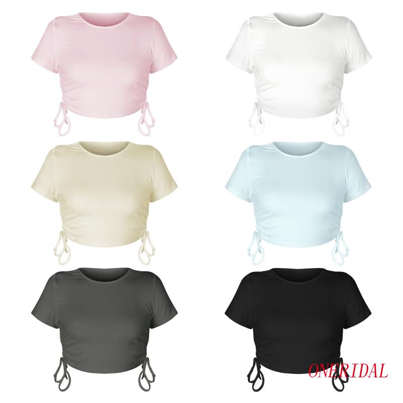 Áo Thun Croptop Dệt Kim Tay Ngắn Màu Trơn Dáng Ôm Phối Dây Rút Thời Trang Mùa Hè Cho Nữ