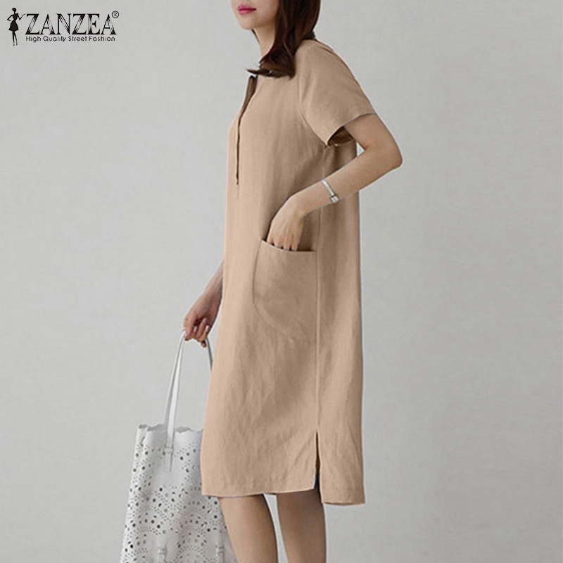 Zanzea Đầm Sơ Mi Cổ V Ngắn Tay Phong Cách Hàn Quốc Dành Cho Nữ