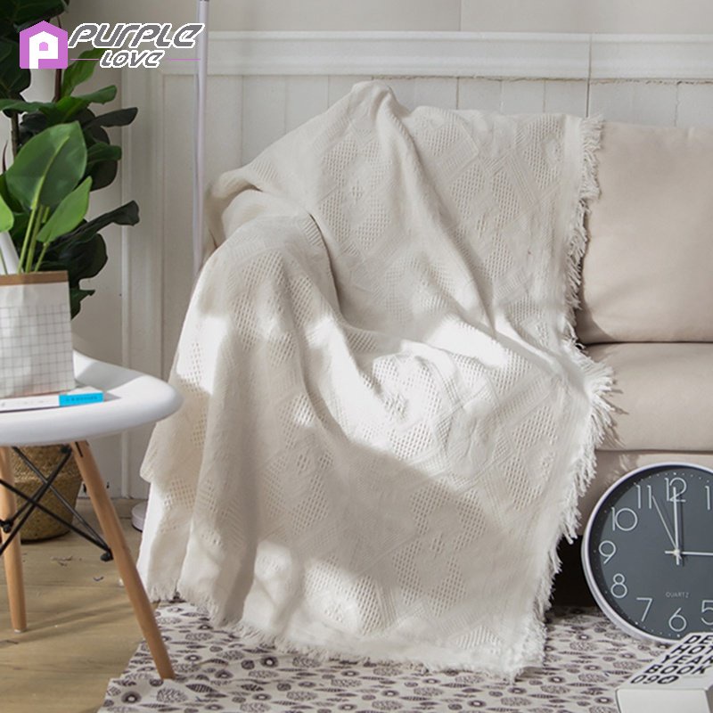 Chăn phủ ghế sofa màu trơn phối tua rua thời trang Bắc Âu thanh lịch trang trí nhà cửa thời thượng