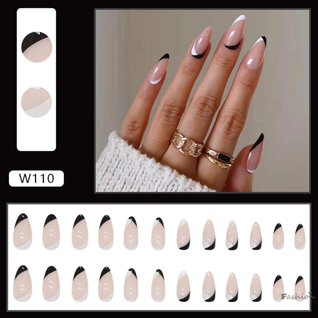 Bộ Móng Tay Giả Hình Giọt Nước Màu Trắng Đen Kết Cấu Mịn Màng Không Bong Tróc
