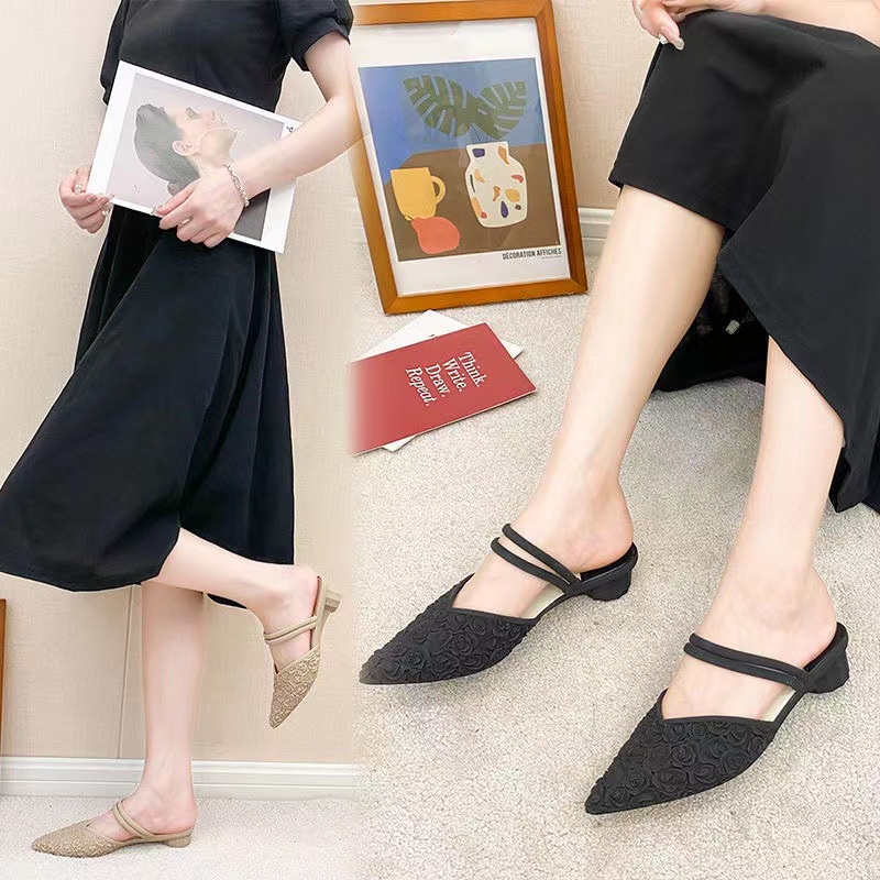Dép Mũi Nhọn Đế Thấp Màu Trơn Thời Trang Mùa Hè Cho Nữ