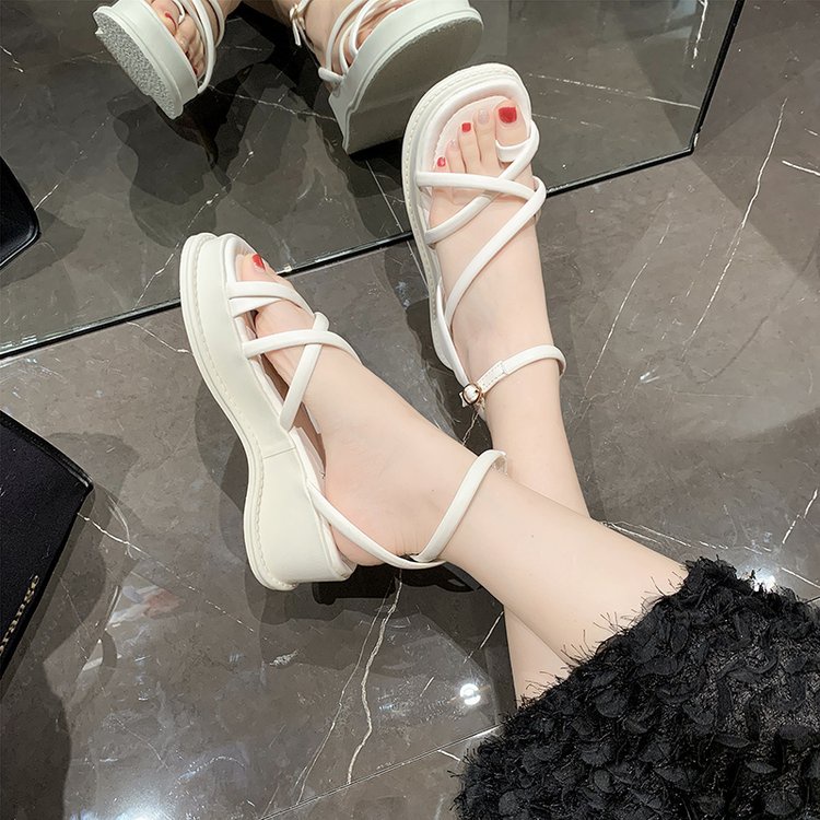 Giày sandal thiết kế hở ngón phối quai chéo màu trơn xinh xắn thời trang cho nữ