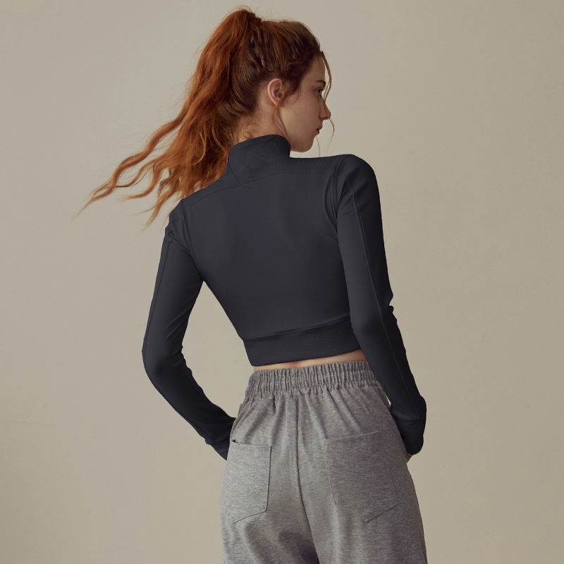 Áo Khoác Thể Thao Dài Tay Ôm Dáng Có Khóa Kéo Nửa Dùng Tập Yoga Chạy Bộ Cho Nữ