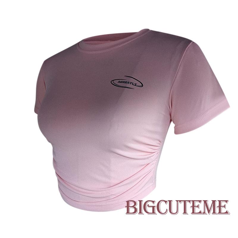 [] Áo Croptop Ôm Dáng Tay Ngắn Cổ Tròn In Chữ Cho Nữ