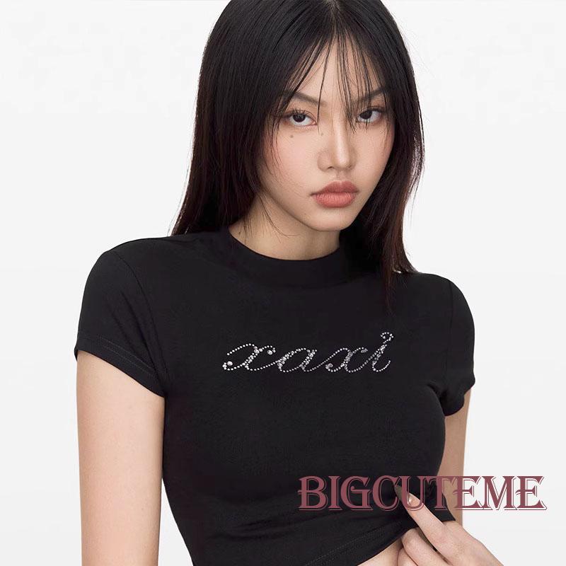 Áo Croptop Tay Ngắn Cổ Tròn Đính Đá Ôm Dáng Thời Trang Mùa Hè Cho Nữ