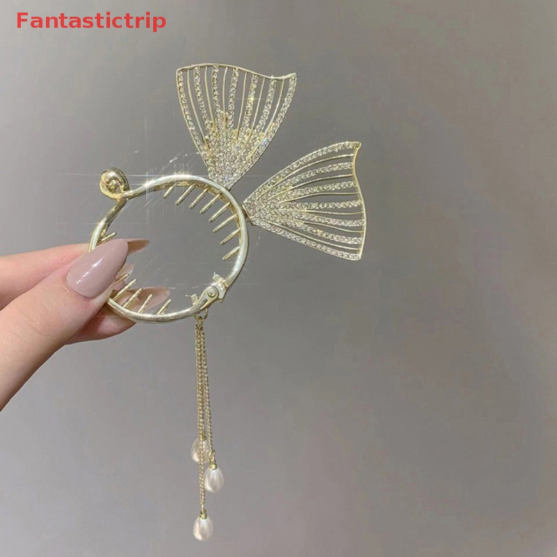 Kẹp Tóc Càng Cua Đính Đá Ngọc Trai Phối Nơ Tua Rua Thời Trang Cho Nữ