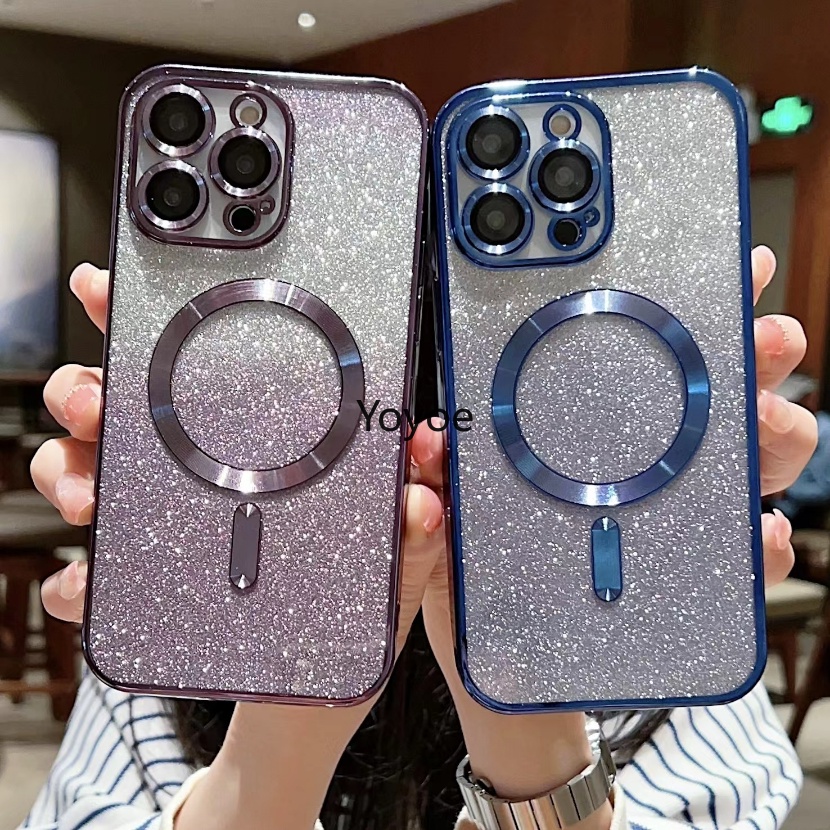 Ốp Điện Thoại Kính Cường Lực Viền Silicon Dẻo Màu Phấn Lấp Lánh Kèm Giá Đỡ Từ Tính Cho iPhone 14 Plus 13 12 11 Pro Max