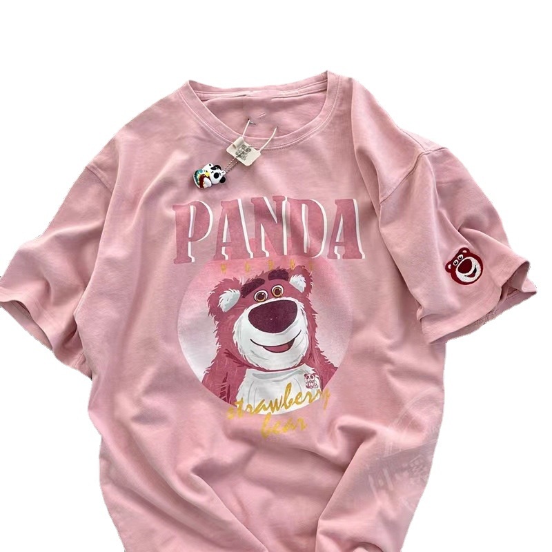 Áo phông Áo Thun Tay Ngắn Dáng Rộng In Hoạt Hình Gấu Và Dâu Tây Thời Trang Mùa Hè 2023 Cho Nữ