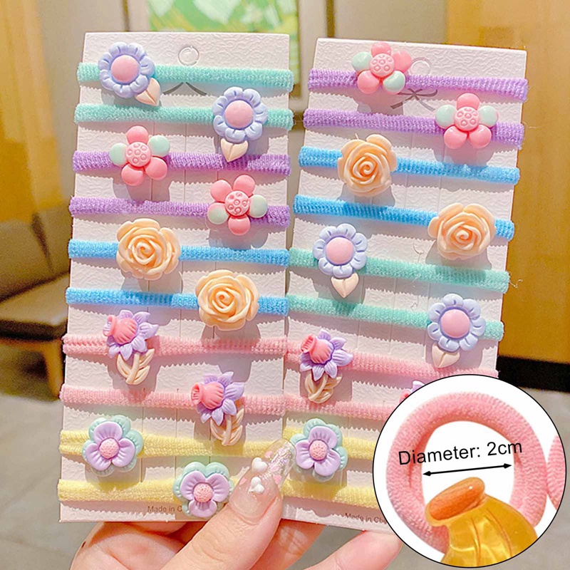 Set 10 Dây Cột Tóc Co Giãn Đính Hoa / Trái Cây Hoạt Hình Dễ Thương Cho Bé Gái