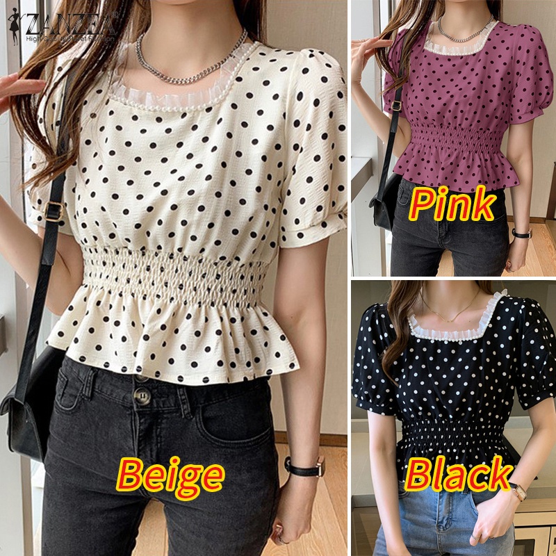 ZANZEA Áo Kiểu Cổ Vuông Tay Phồng Lưng Thun Thời Trang Hàn Quốc Cho Nữ