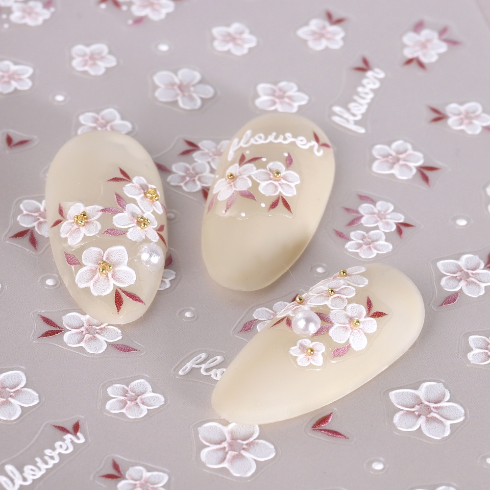 Miếng Dán Trang Trí Móng Tay Họa Tiết Hoa Trắng 5D Xinh Xắn