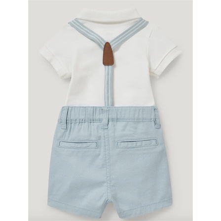 Set 3 món quần yếm xanh nhạt áo polo body + nơ