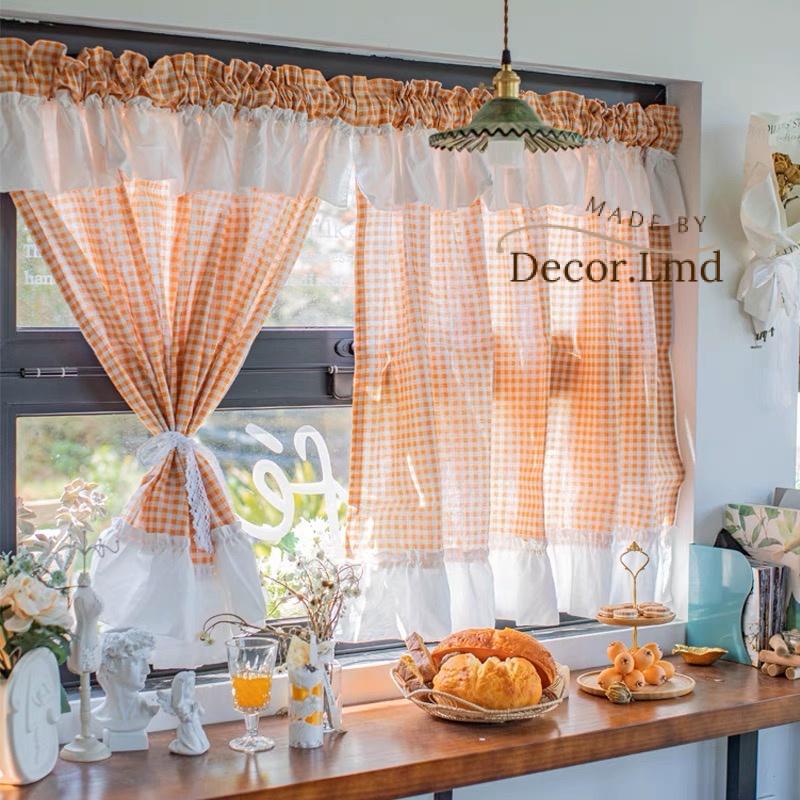 Rèm cửa sổ vải caro cam nhún bèo voan xinh xắn decor trang trí phòng ngủ, màn cửa sổ lớn chống nắng dán tường