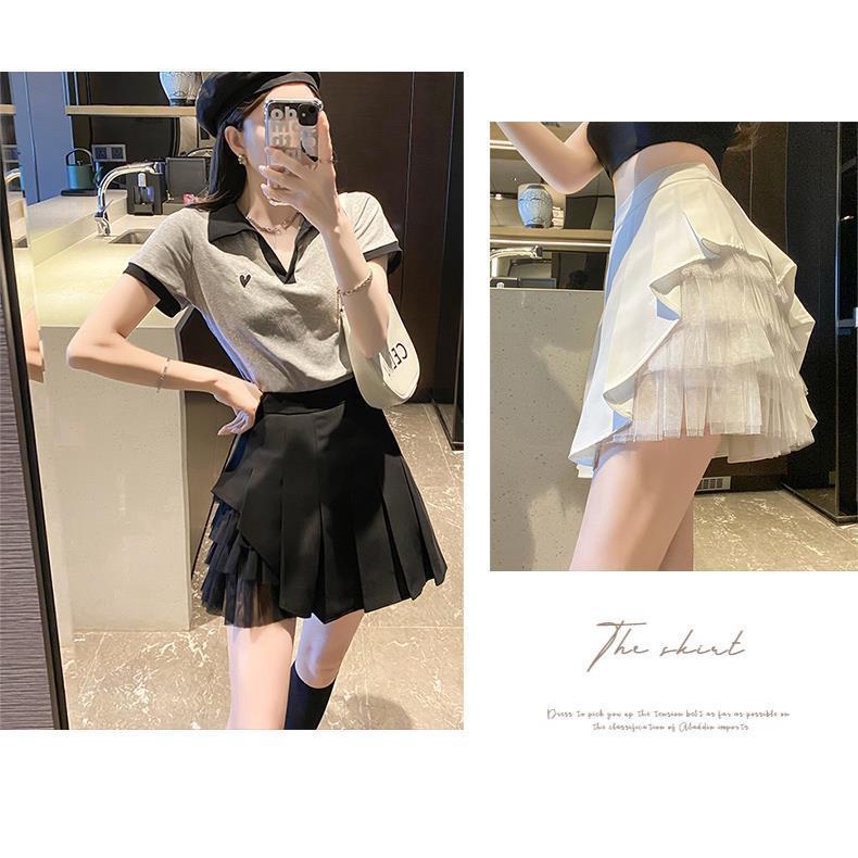 [LININ] Chân Váy Chiffon Ngắn Dáng Chữ a Lưng Cao Phối Lưới Xếp Ly Màu Trắng Cho Nữ