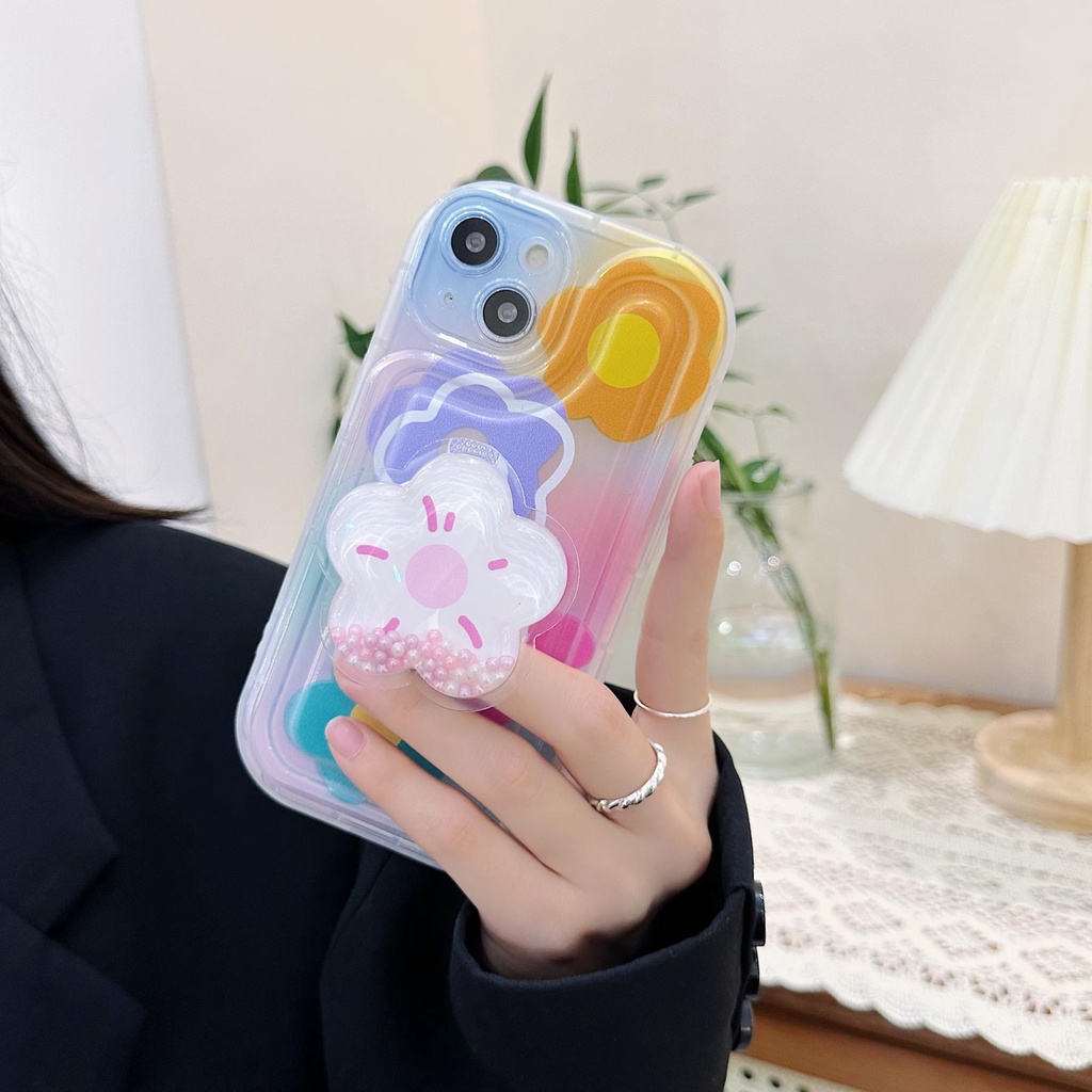 Ốp Điện Thoại TPU Dẻo Trong Suốt Họa Tiết Hoa &amp; Cầu Vồng Kèm Giá Đỡ Chống Rơi Cho iPhone 14 Plus 13 12 11 Pro Max