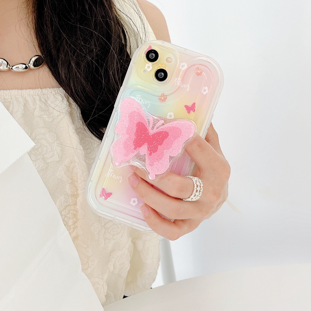 Ốp Điện Thoại TPU Silicone Mềm Trong Suốt Chống Sốc In Hình Bướm Hồng Sáng Tạo Có Giá Đỡ Cho iPhone 14 Plus 13 12 11 Pro Max