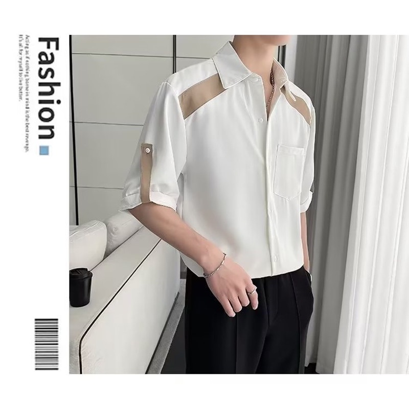 Áo Sơ Mi Tay Ngắn Cổ Đứng Họa Tiết Kẻ Sọc Phong Cách Hàn Quốc Thời Trang Mùa Hè 2023 Cho Nam