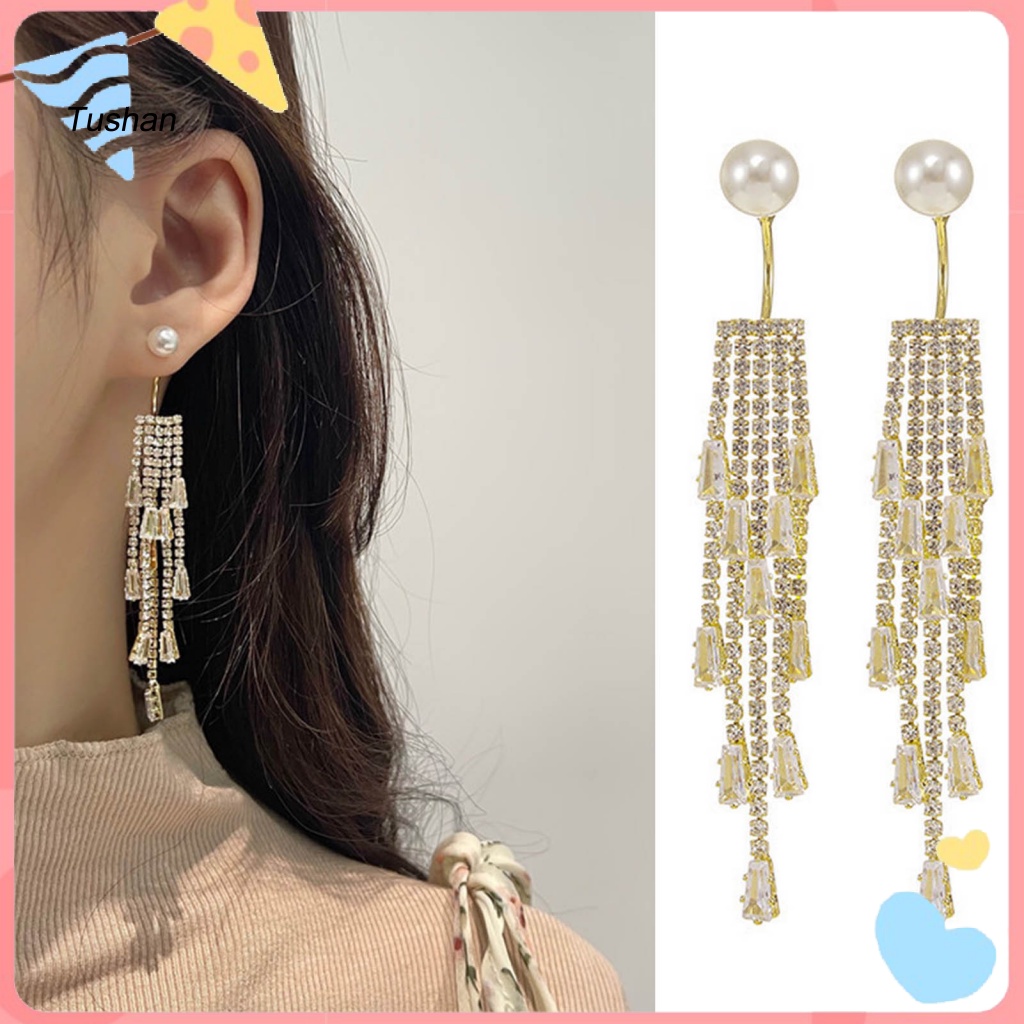 1 Đôi Bông Tai Dáng Dài Đính Ngọc Trai Giả Phong Cách Hàn Quốc