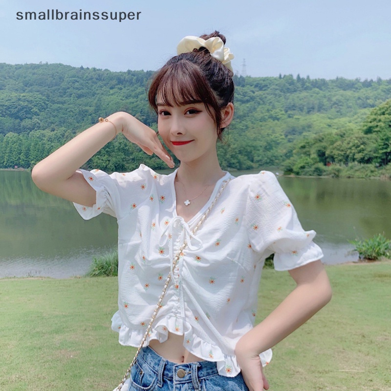 Áo Croptop Chiffon Tay Phồng Cổ Chữ V Phối Dây Rút In Họa Tiết Hoa Thời Trang Cho Nữ SBS