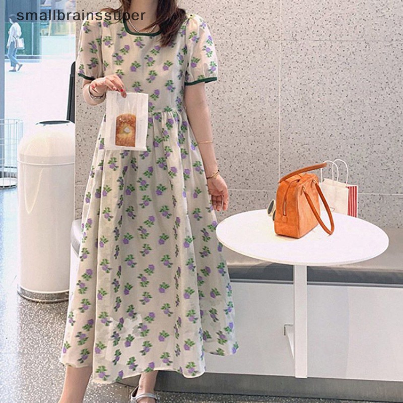 Đầm Dài Dáng Chữ A Tay Ngắn In Họa Tiết Hoa Phong Cách Vintage Hàn Quốc Thời Trang Mùa Hè Cho Nữ