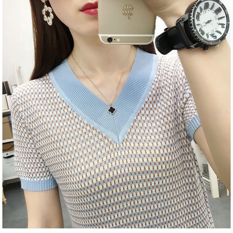 Áo Thun Lụa Lạnh Tay Ngắn Cổ Chữ V Dáng Rộng Thời Trang Mùa Hè Phong Cách Hàn Quốc Cho