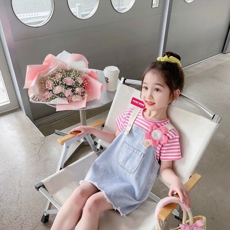 Set Áo Thun + Chân Váy Yếm Denim Thiết Kế Mới Thời Trang Mùa Hè 2023 Dành Cho Bé Gái
