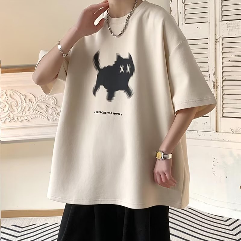 Áo Thun Tay Lỡ Chất Liệu Cotton Nguyên Chất In Họa Tiết Chú Mèo Phong Cách Retro Thời Trang Mùa Hè Cho Nam 320g